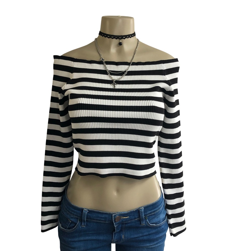 Silence+Noise Striped Off The Shoulder Ribbed Crop Top L Long Sleeve Y2K Style